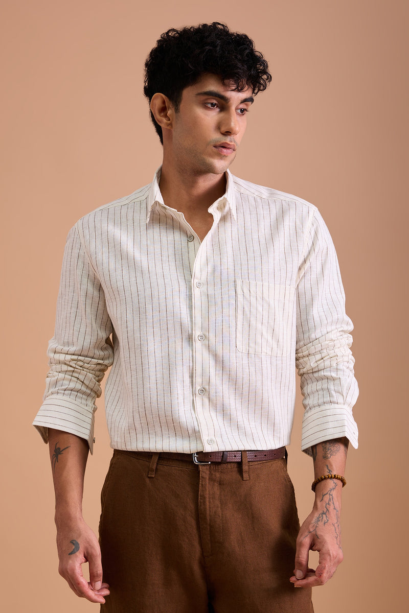 ROWEN- MENS PREMIUM COTTON BLEND BROWN STRIPED REGULAR FIT SHIRT