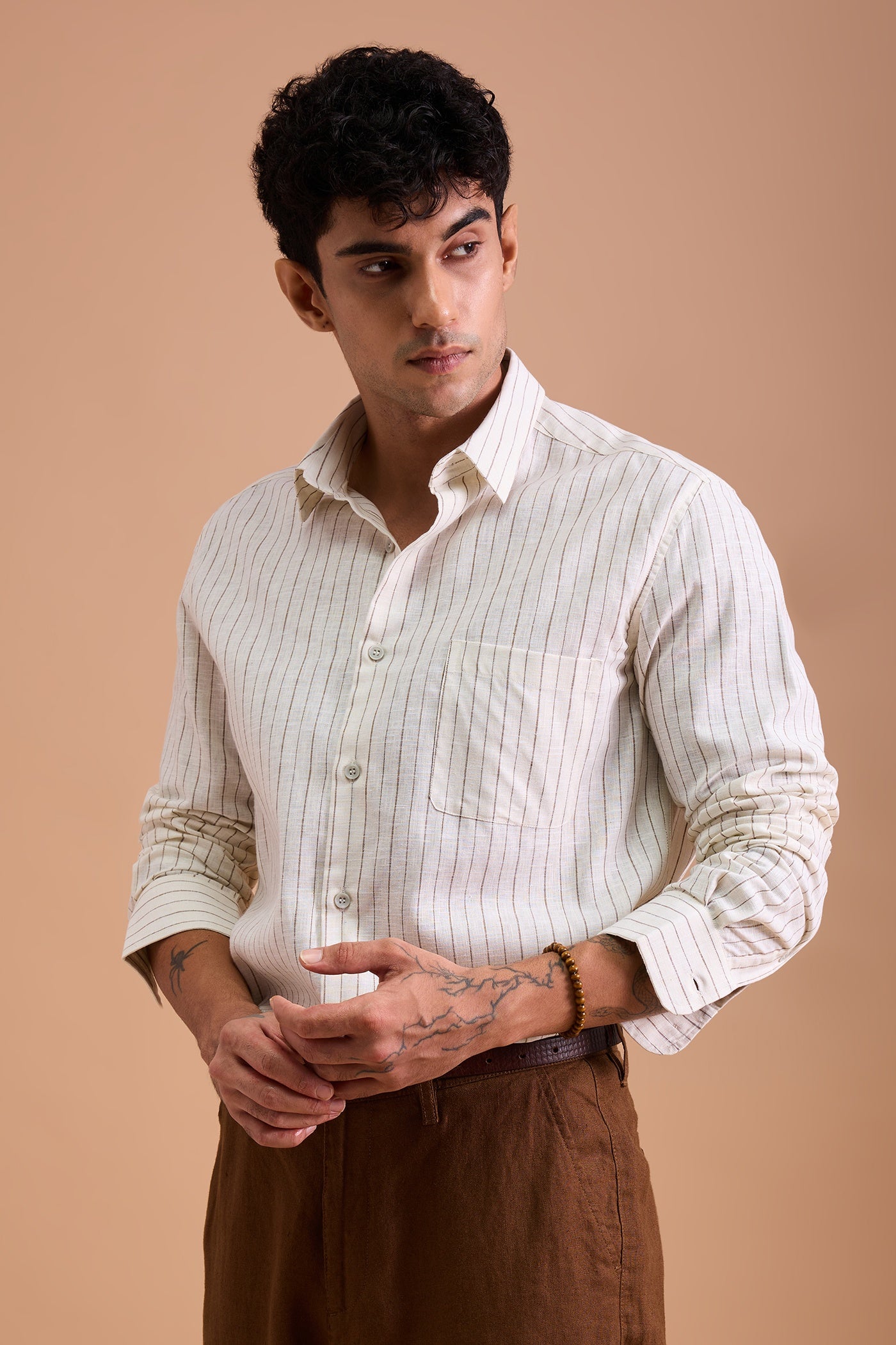 ROWEN- MENS PREMIUM COTTON BLEND BROWN STRIPED REGULAR FIT SHIRT
