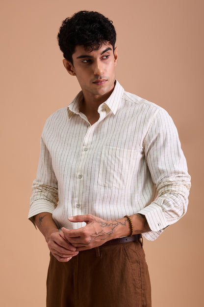 ROWEN- MENS PREMIUM COTTON BLEND BROWN STRIPED REGULAR FIT SHIRT