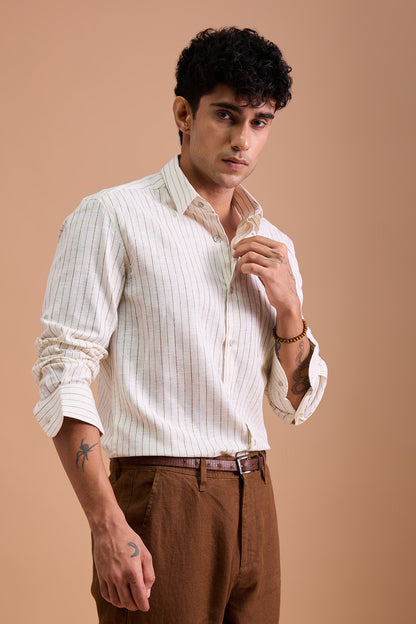 ROWEN- MENS PREMIUM COTTON BLEND BROWN STRIPED REGULAR FIT SHIRT