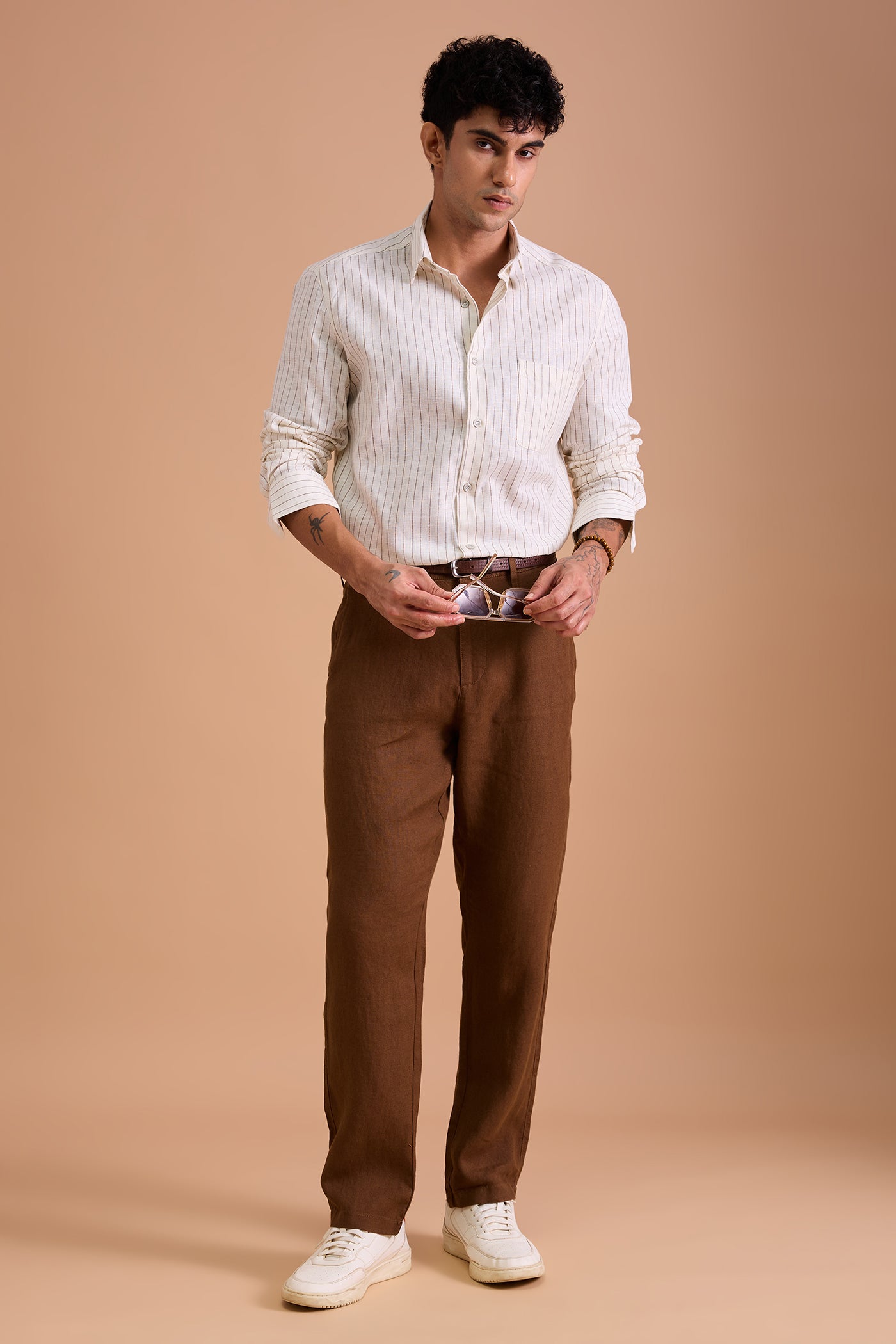 ROWEN- MENS PREMIUM COTTON BLEND BROWN STRIPED REGULAR FIT SHIRT