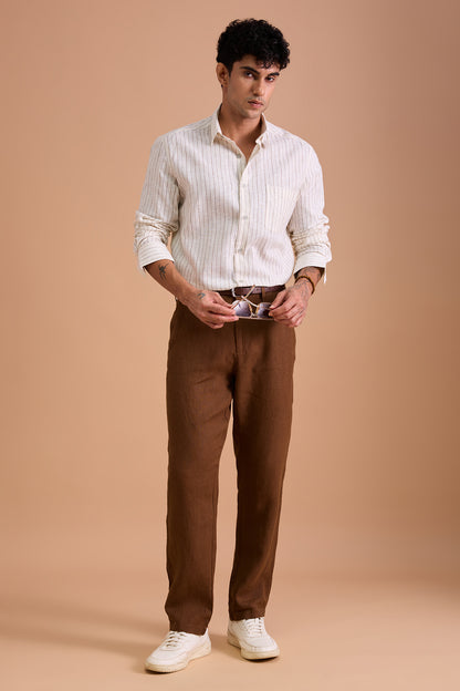 ROWEN- MENS PREMIUM COTTON BLEND BROWN STRIPED REGULAR FIT SHIRT