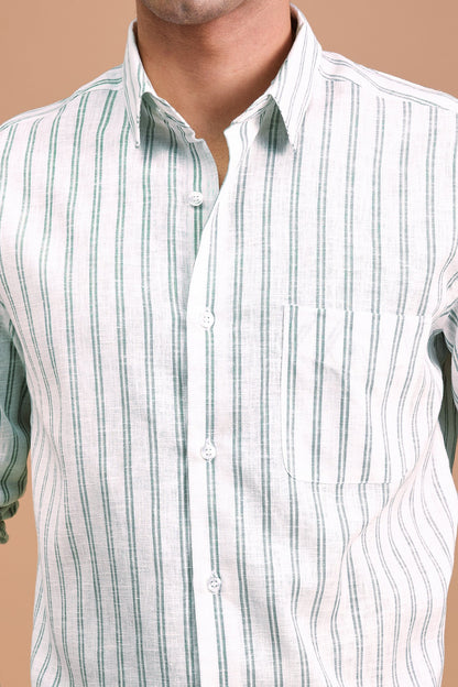 MARAISE- MENS PREMIUM COTTON LINEN BLEND GREEN STRIPED REGULAR FIT SHIRT