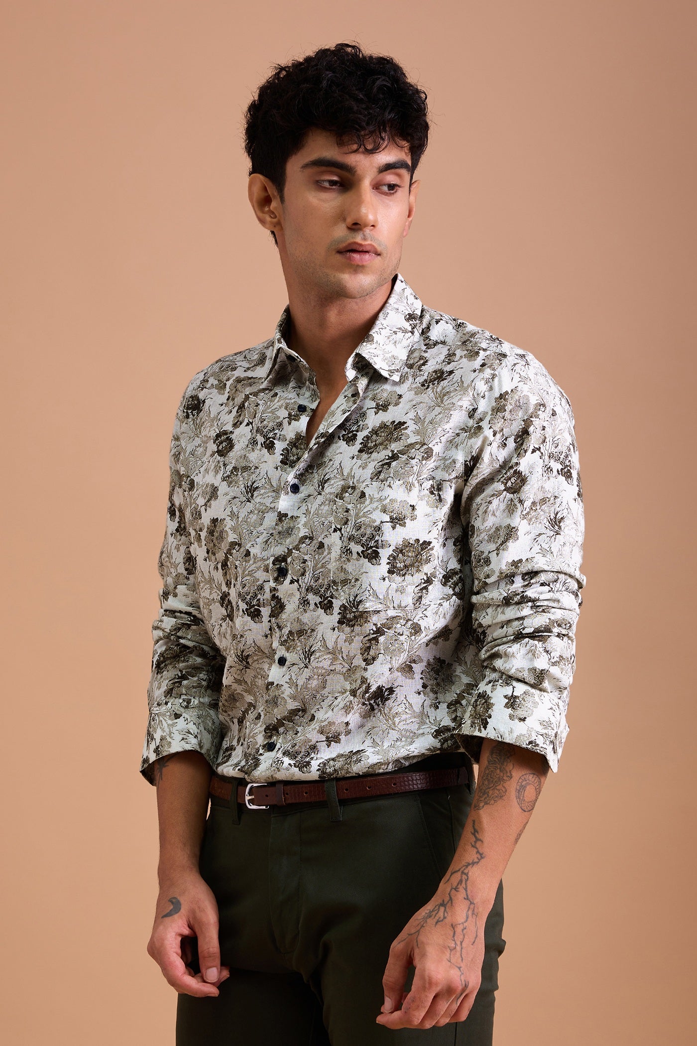 ASTER- PREMIUM LINEN BLEND TAUPE CASUAL SLIM FIT SHIRT
