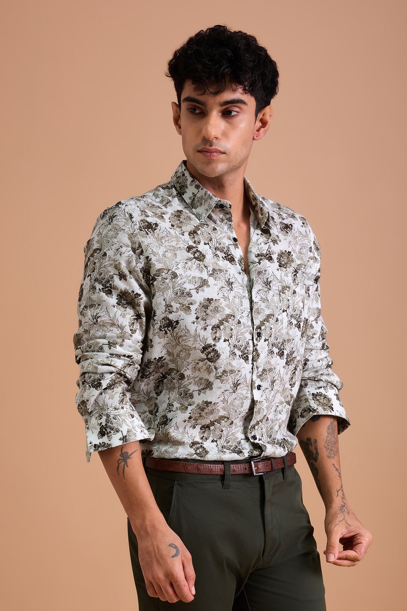 ASTER- PREMIUM LINEN BLEND TAUPE CASUAL SLIM FIT SHIRT