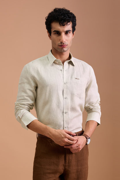 WREN- MENS PREMIUM LINEN OAT BEIGE SOLID REGULAR FIT SHIRT