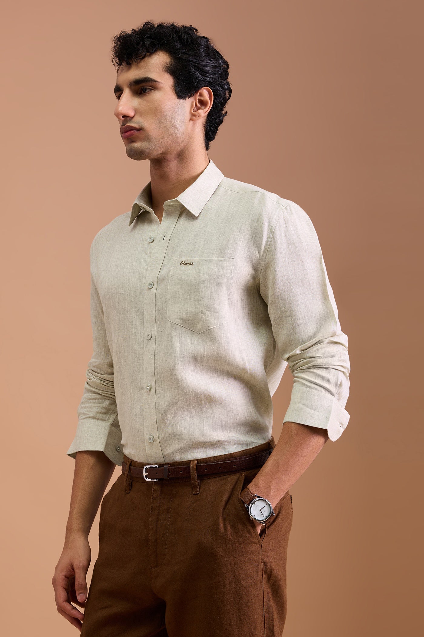 WREN- MENS PREMIUM LINEN OAT BEIGE SOLID REGULAR FIT SHIRT