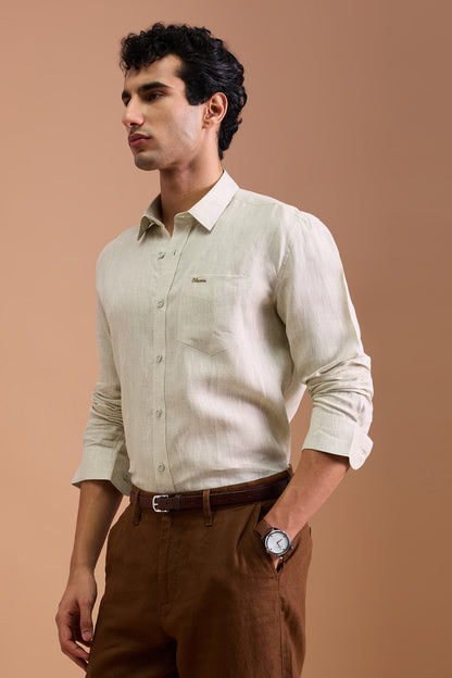 WREN- MENS PREMIUM LINEN OAT BEIGE SOLID REGULAR FIT SHIRT