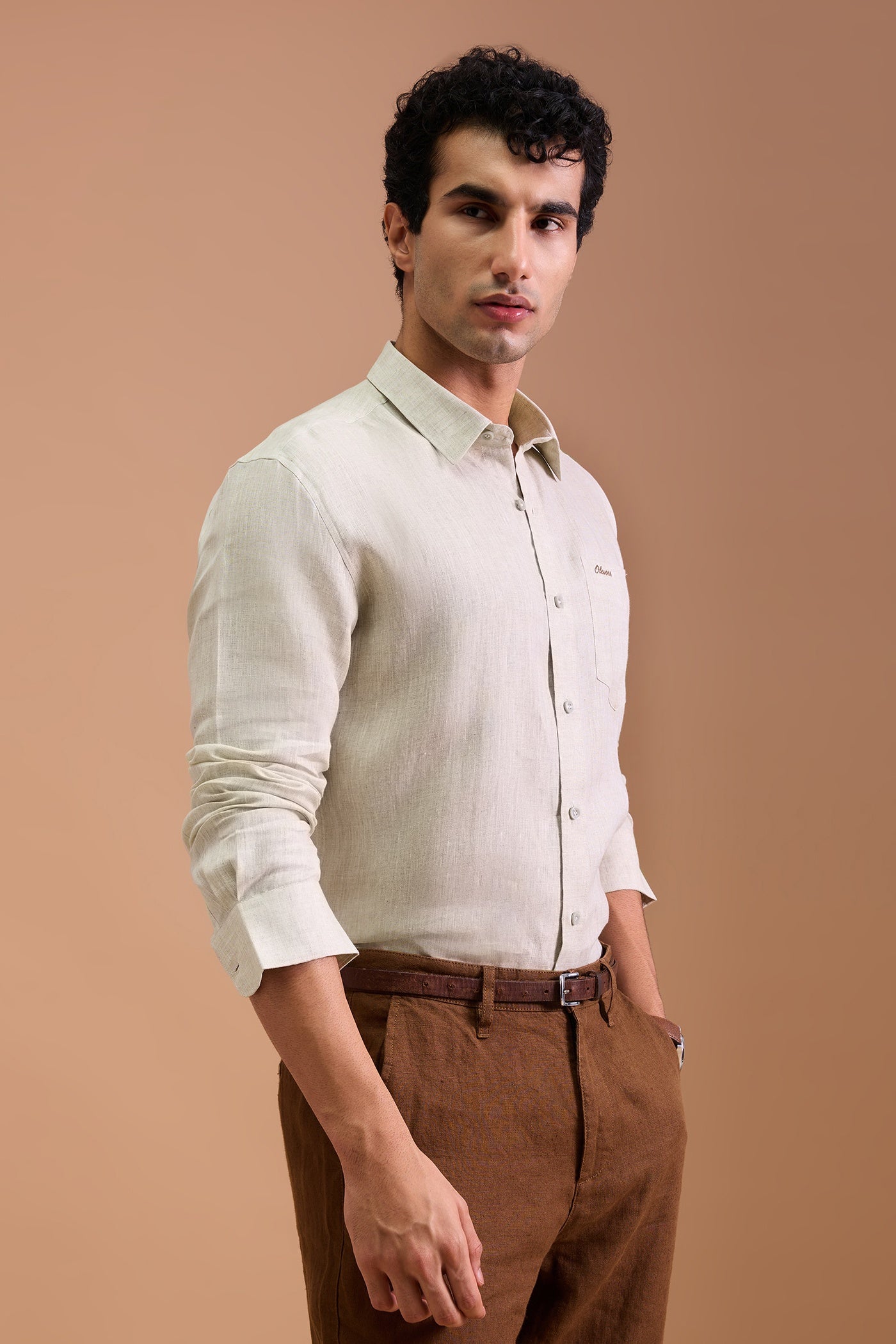 WREN- MENS PREMIUM LINEN OAT BEIGE SOLID REGULAR FIT SHIRT