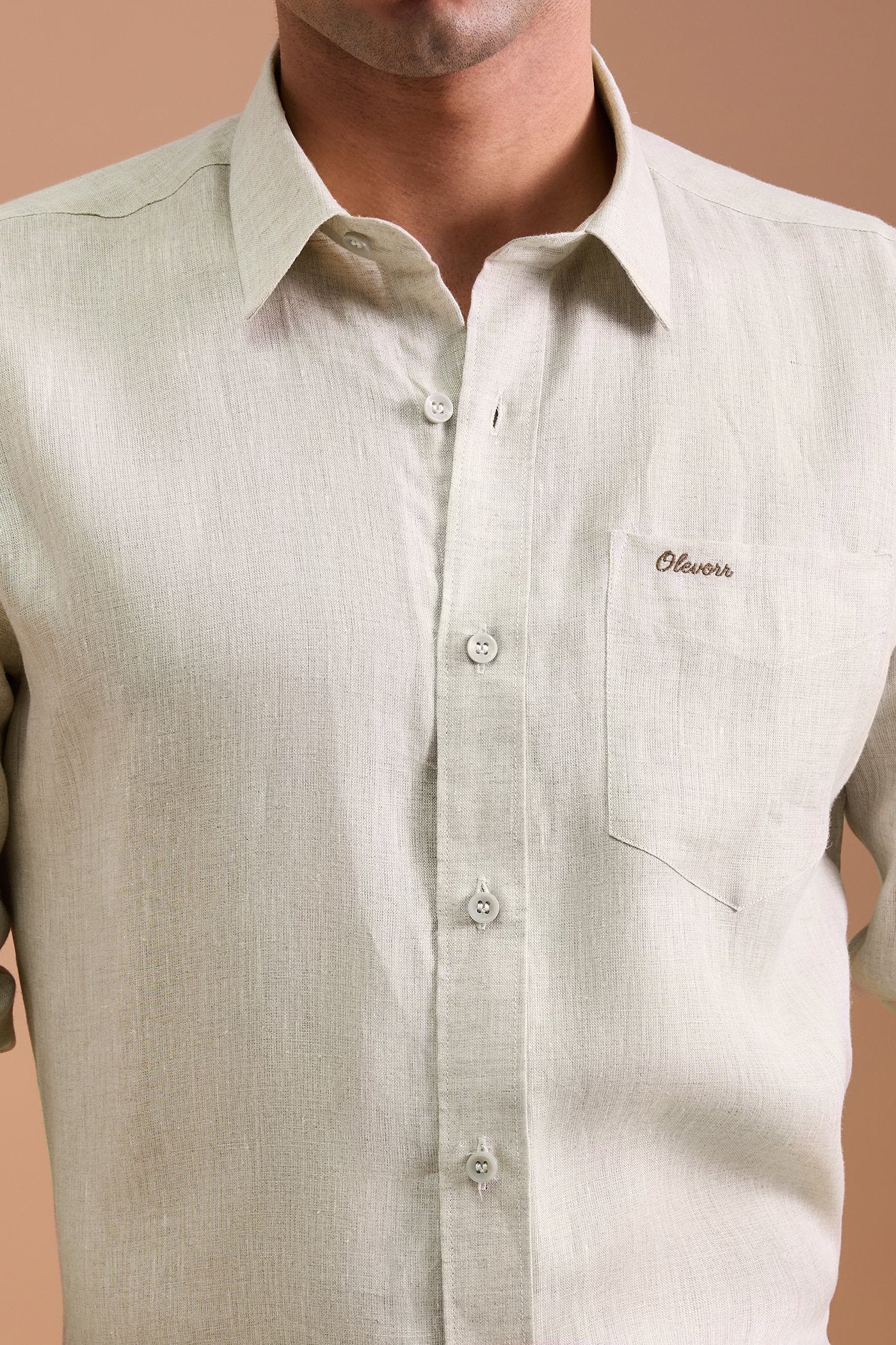 WREN- MENS PREMIUM LINEN OAT BEIGE SOLID REGULAR FIT SHIRT