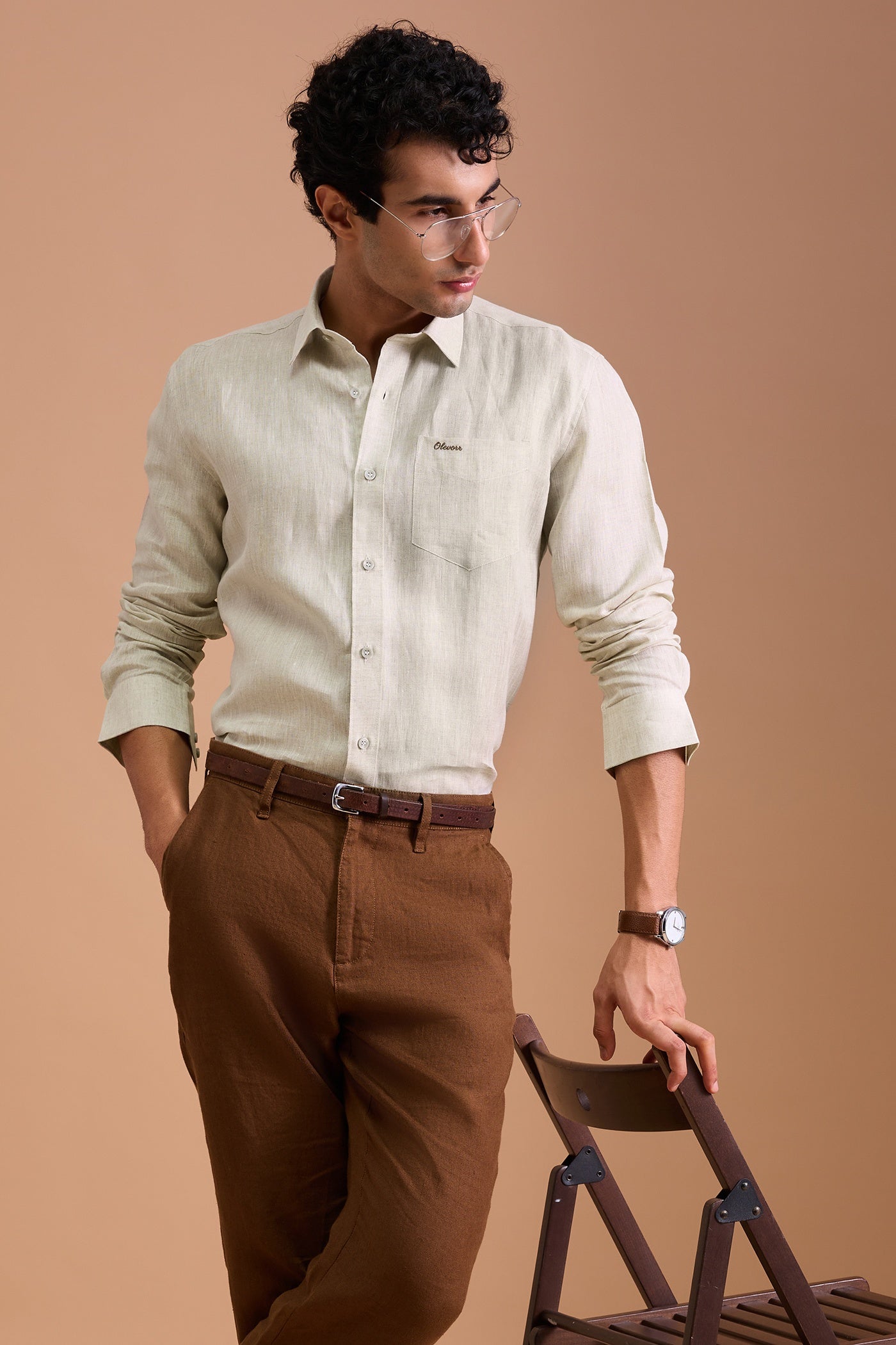 WREN- MENS PREMIUM LINEN OAT BEIGE SOLID REGULAR FIT SHIRT