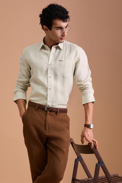 WREN- MENS PREMIUM LINEN OAT BEIGE SOLID REGULAR FIT SHIRT