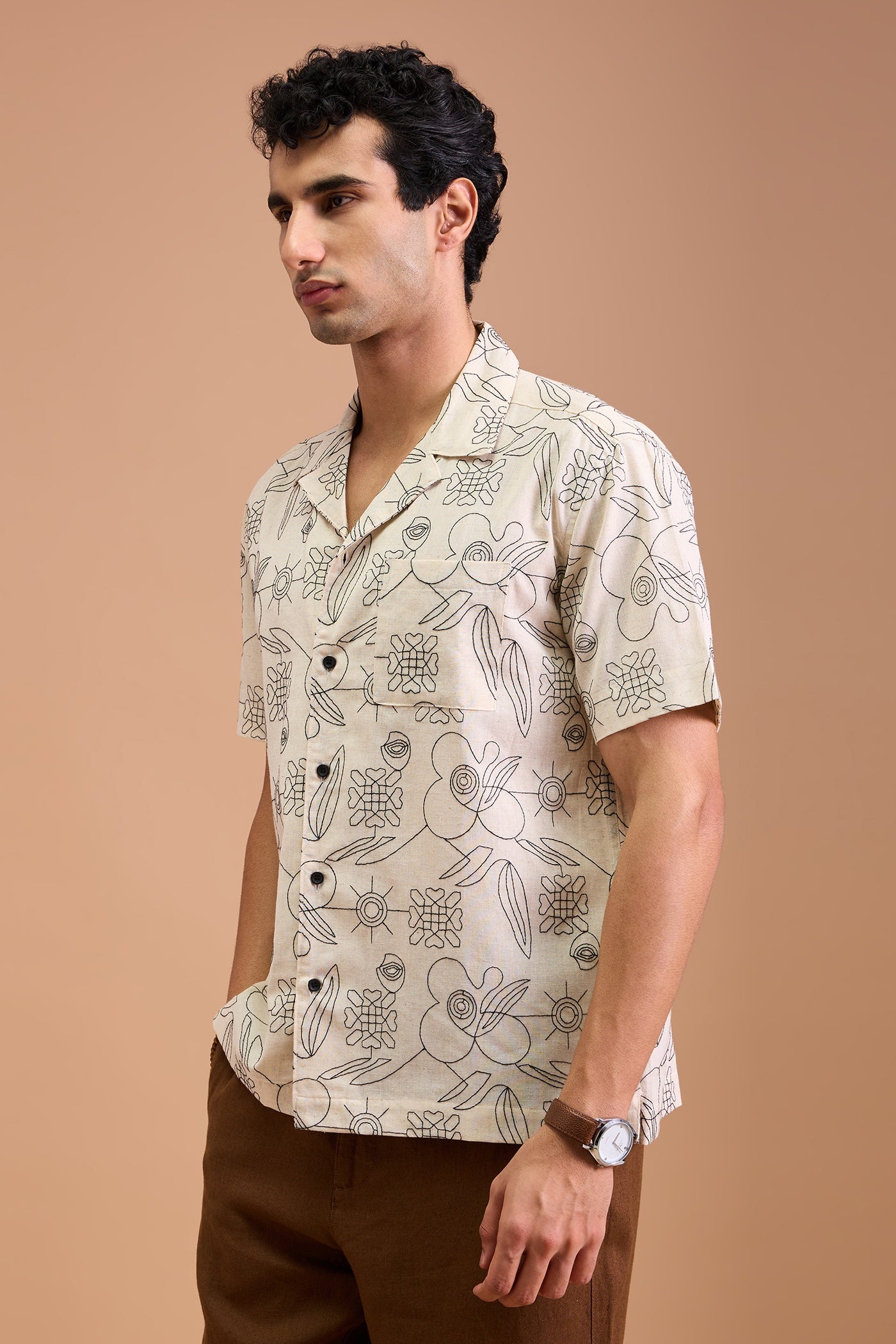 VESPER- MENS PREMIUM COTTON LINEN BLEND OFF WHITE ABSTRACT EMBROIDERY RELAXED FIT CUBAN SHIRT