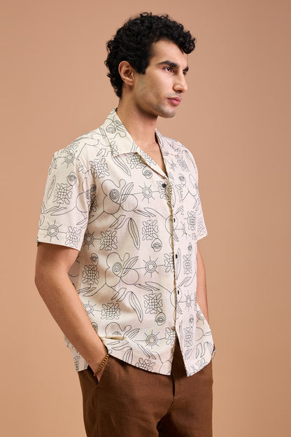 VESPER- MENS PREMIUM COTTON LINEN BLEND OFF WHITE ABSTRACT EMBROIDERY RELAXED FIT CUBAN SHIRT
