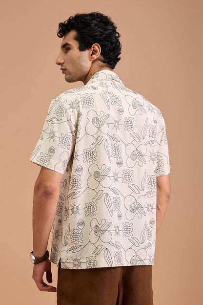 VESPER- MENS PREMIUM COTTON LINEN BLEND OFF WHITE ABSTRACT EMBROIDERY RELAXED FIT CUBAN SHIRT