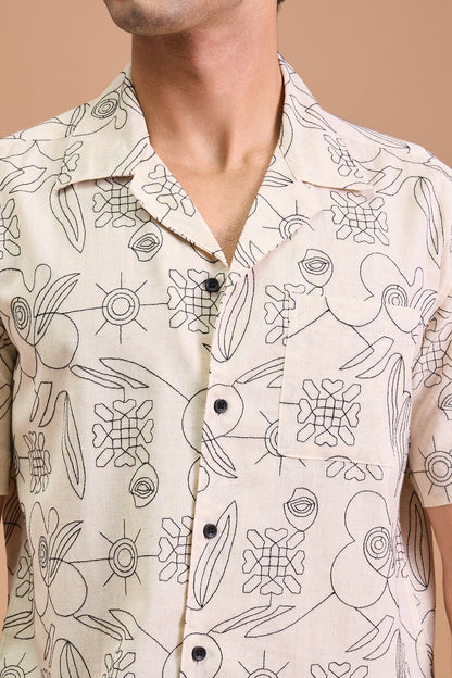 VESPER- MENS PREMIUM COTTON LINEN BLEND OFF WHITE ABSTRACT EMBROIDERY RELAXED FIT CUBAN SHIRT