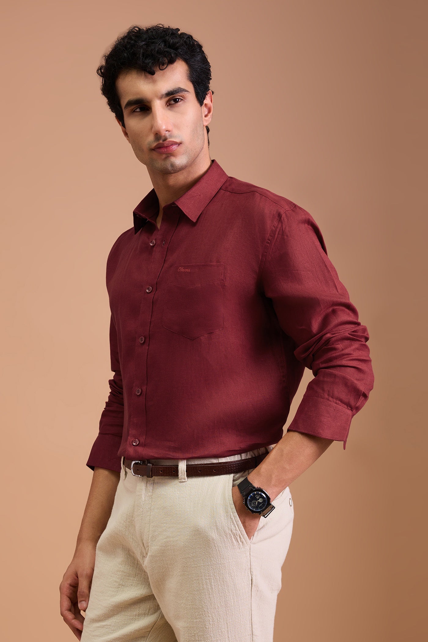 CLARET-MENS PREMIUM 100% LINEN CRIMSON SOLID REGULAR FIT SHIRT