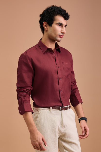 CLARET-MENS PREMIUM 100% LINEN CRIMSON SOLID REGULAR FIT SHIRT
