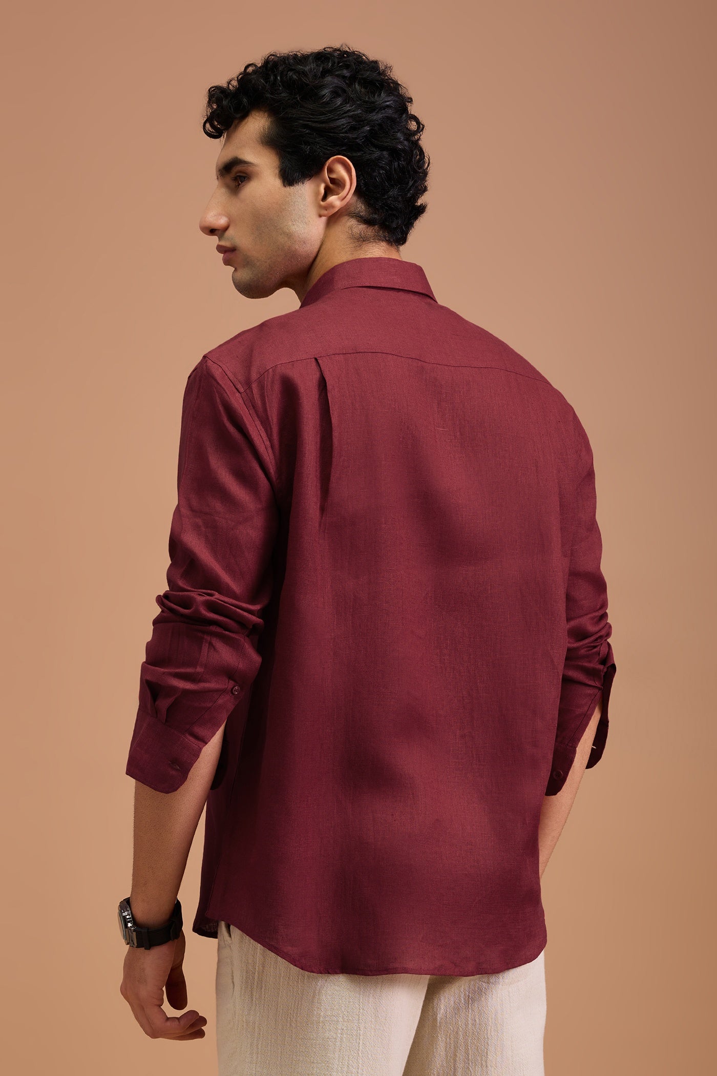 CLARET-MENS PREMIUM 100% LINEN CRIMSON SOLID REGULAR FIT SHIRT