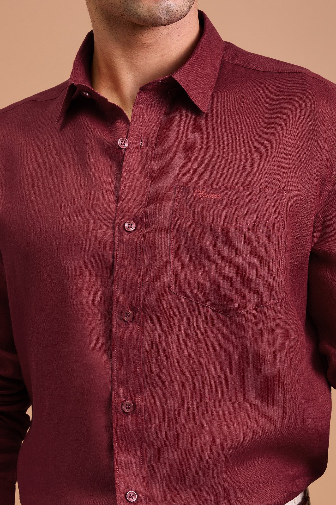 CLARET-MENS PREMIUM 100% LINEN CRIMSON SOLID REGULAR FIT SHIRT