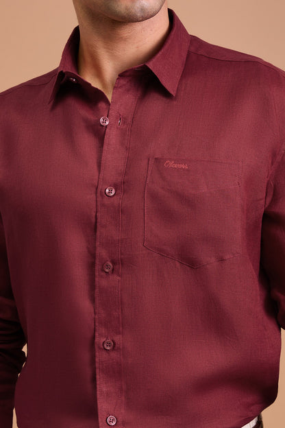 CLARET-MENS PREMIUM 100% LINEN CRIMSON SOLID REGULAR FIT SHIRT