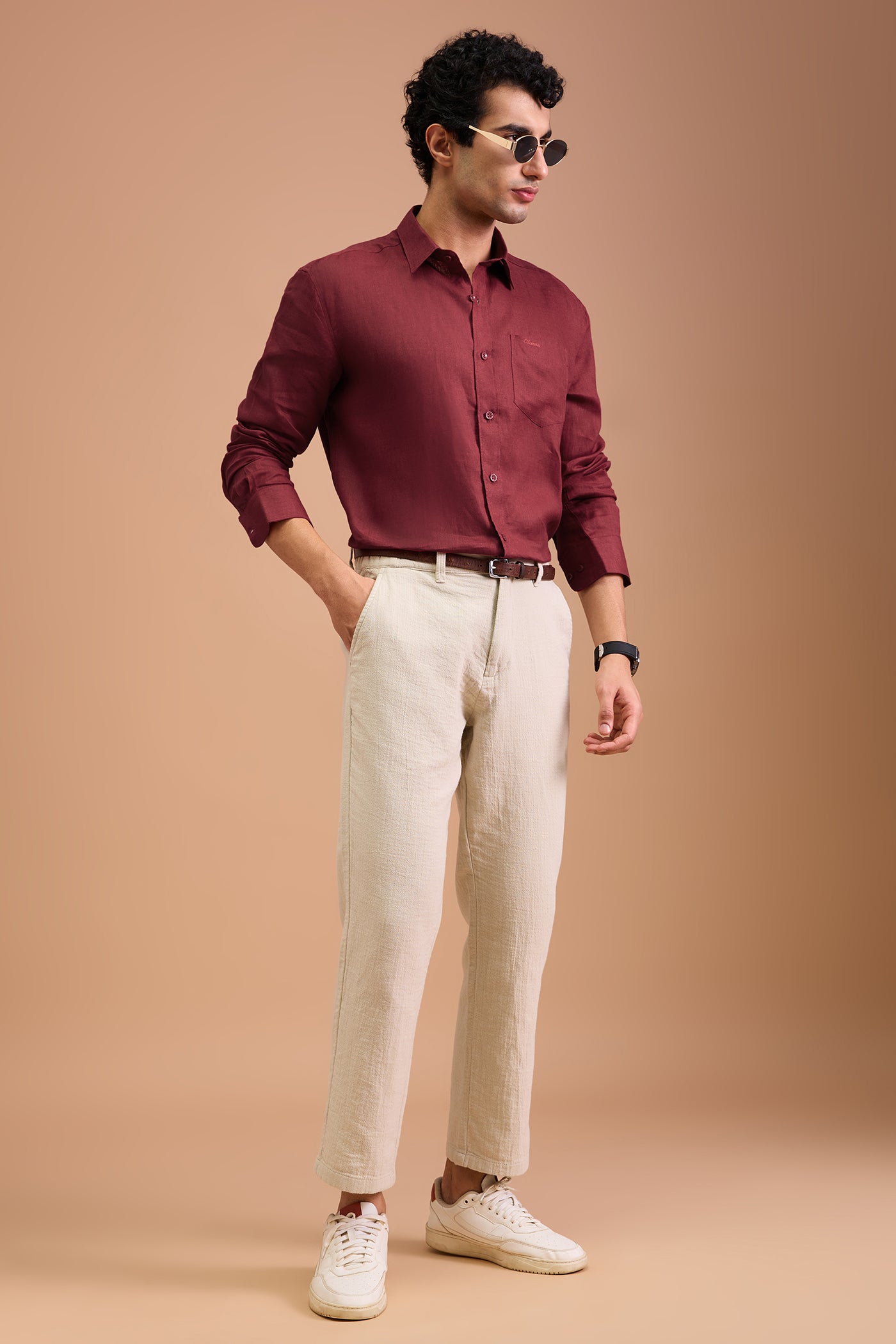 CLARET-MENS PREMIUM 100% LINEN CRIMSON SOLID REGULAR FIT SHIRT