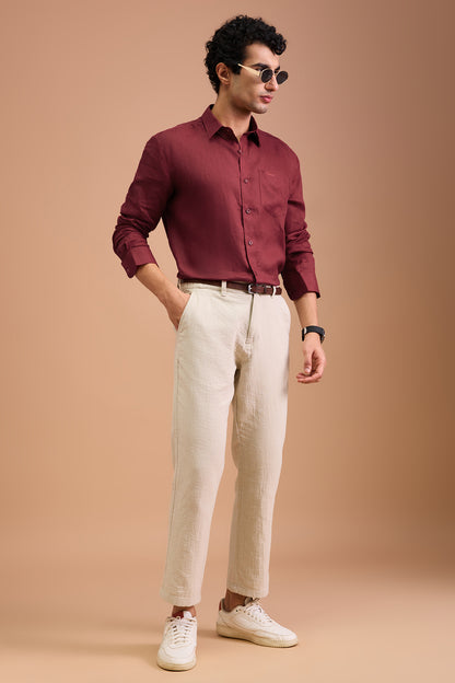 CLARET-MENS PREMIUM 100% LINEN CRIMSON SOLID REGULAR FIT SHIRT
