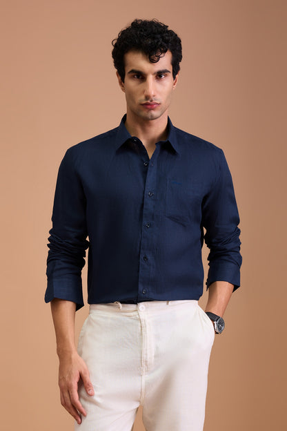 NOIR - MENS PREMIUM 100% LINEN MIDNIGHT BLUE SOLID REGULAR FIT SHIRT
