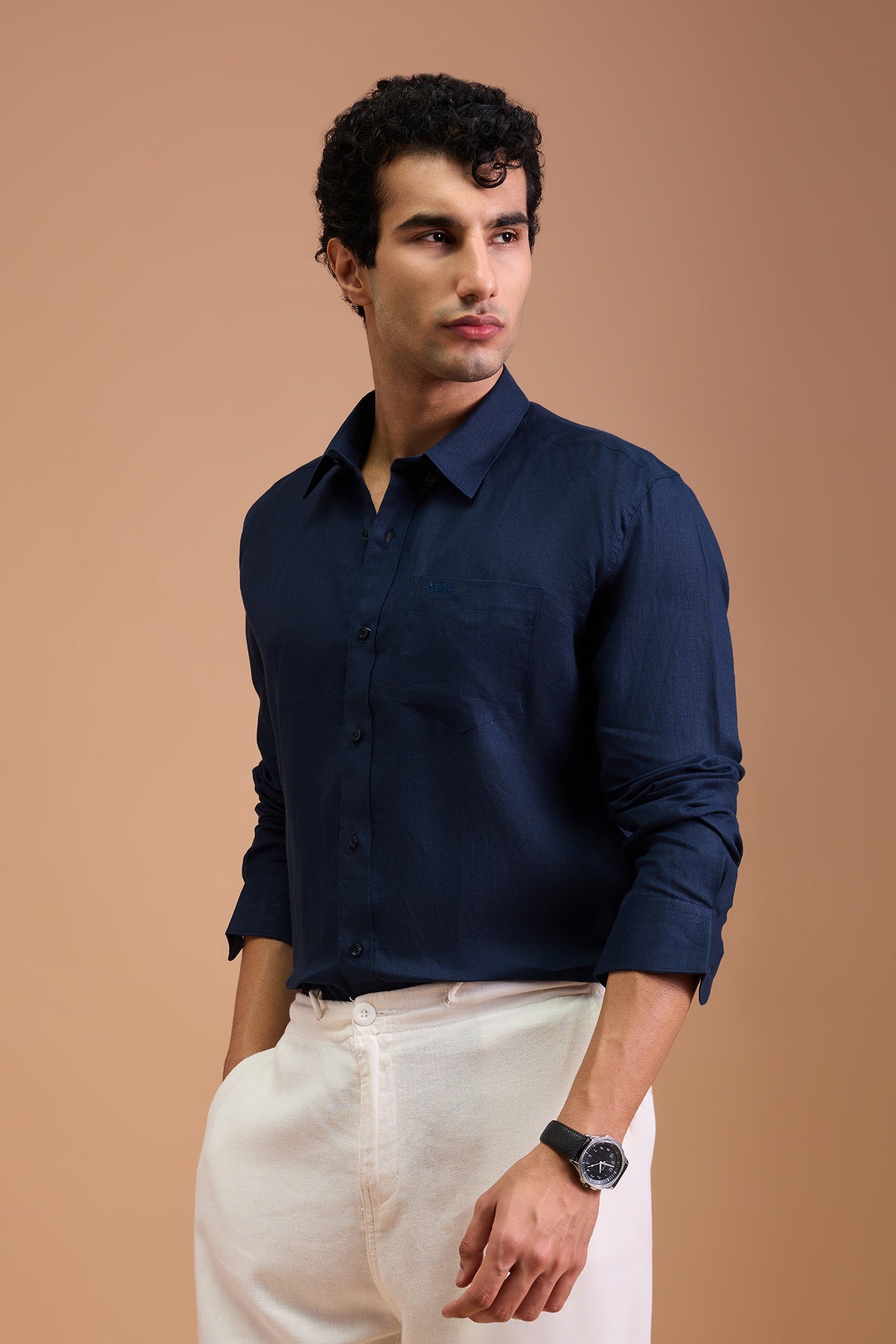 NOIR - MENS PREMIUM 100% LINEN MIDNIGHT BLUE SOLID REGULAR FIT SHIRT