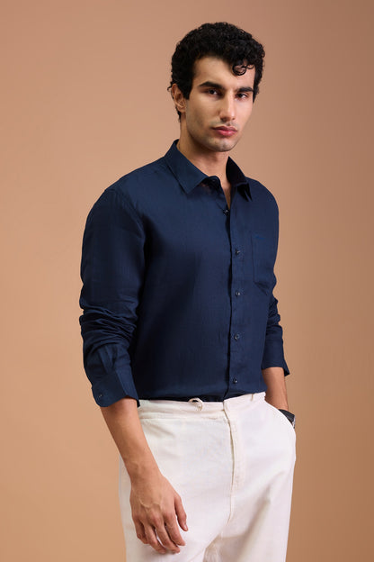 NOIR - MENS PREMIUM 100% LINEN MIDNIGHT BLUE SOLID REGULAR FIT SHIRT