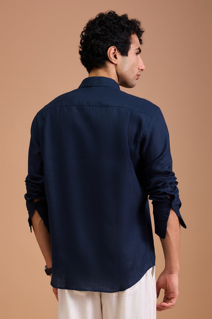 NOIR - MENS PREMIUM 100% LINEN MIDNIGHT BLUE SOLID REGULAR FIT SHIRT