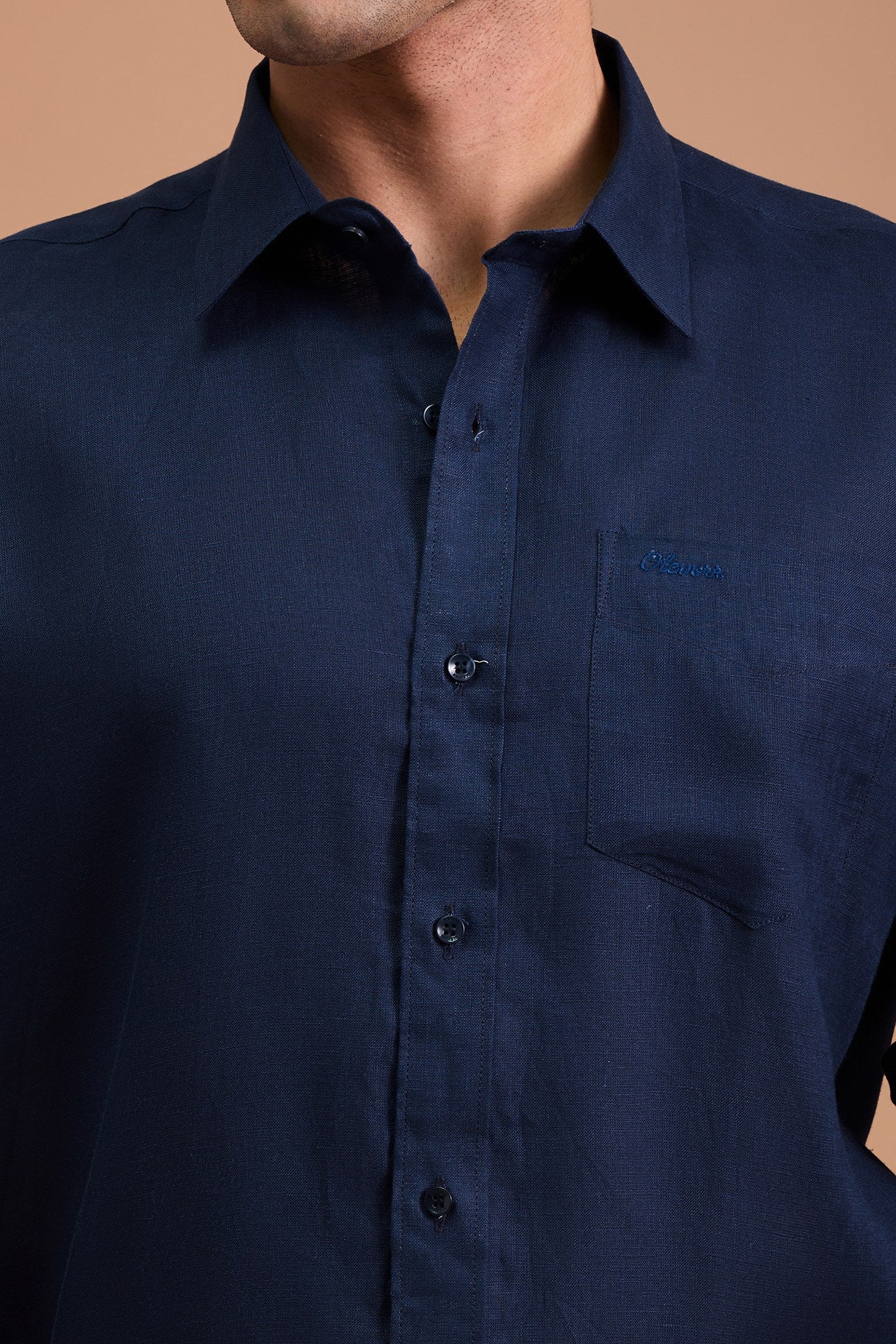 NOIR - MENS PREMIUM 100% LINEN MIDNIGHT BLUE SOLID REGULAR FIT SHIRT