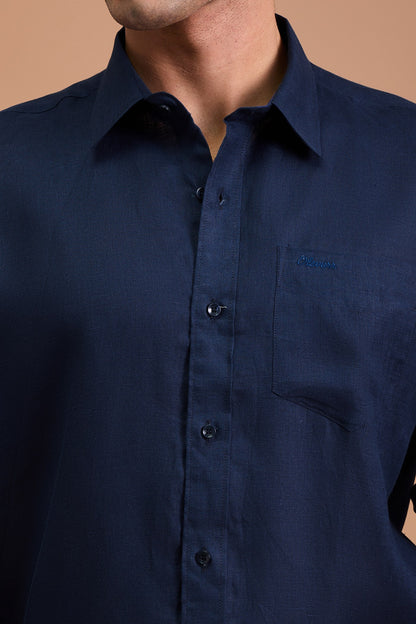 NOIR - MENS PREMIUM 100% LINEN MIDNIGHT BLUE SOLID REGULAR FIT SHIRT