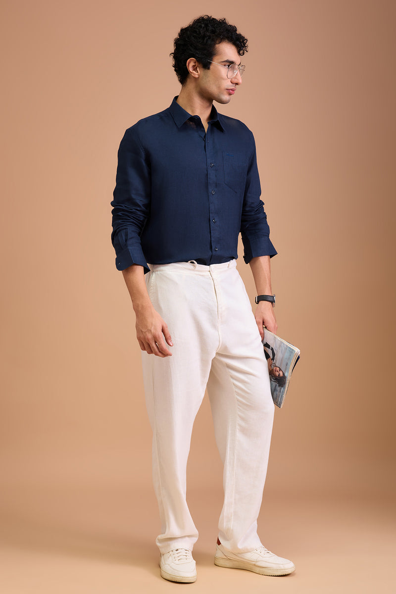 NOIR - MENS PREMIUM 100% LINEN MIDNIGHT BLUE SOLID REGULAR FIT SHIRT