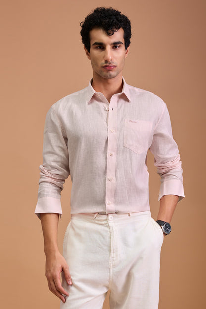 VERO- MENS PREMIUM LINEN PASTEL PINK SOLID REGULAR FIT SHIRT