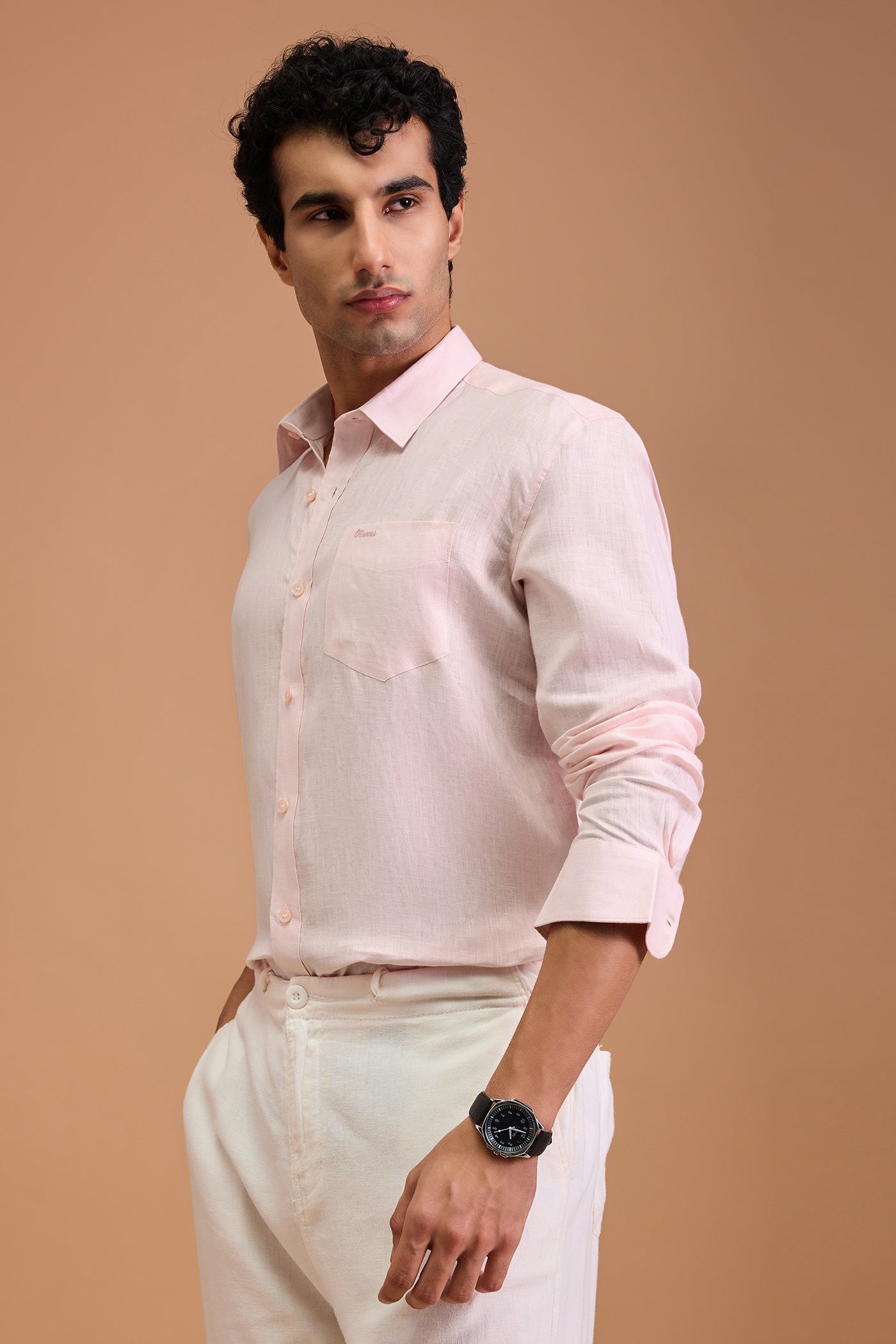 VERO- MENS PREMIUM LINEN PASTEL PINK SOLID REGULAR FIT SHIRT