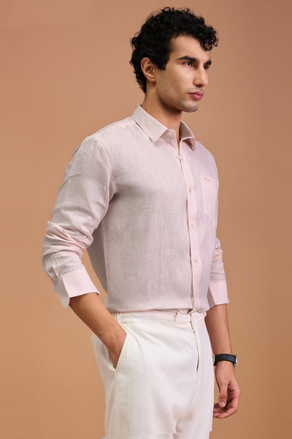 VERO- MENS PREMIUM LINEN PASTEL PINK SOLID REGULAR FIT SHIRT