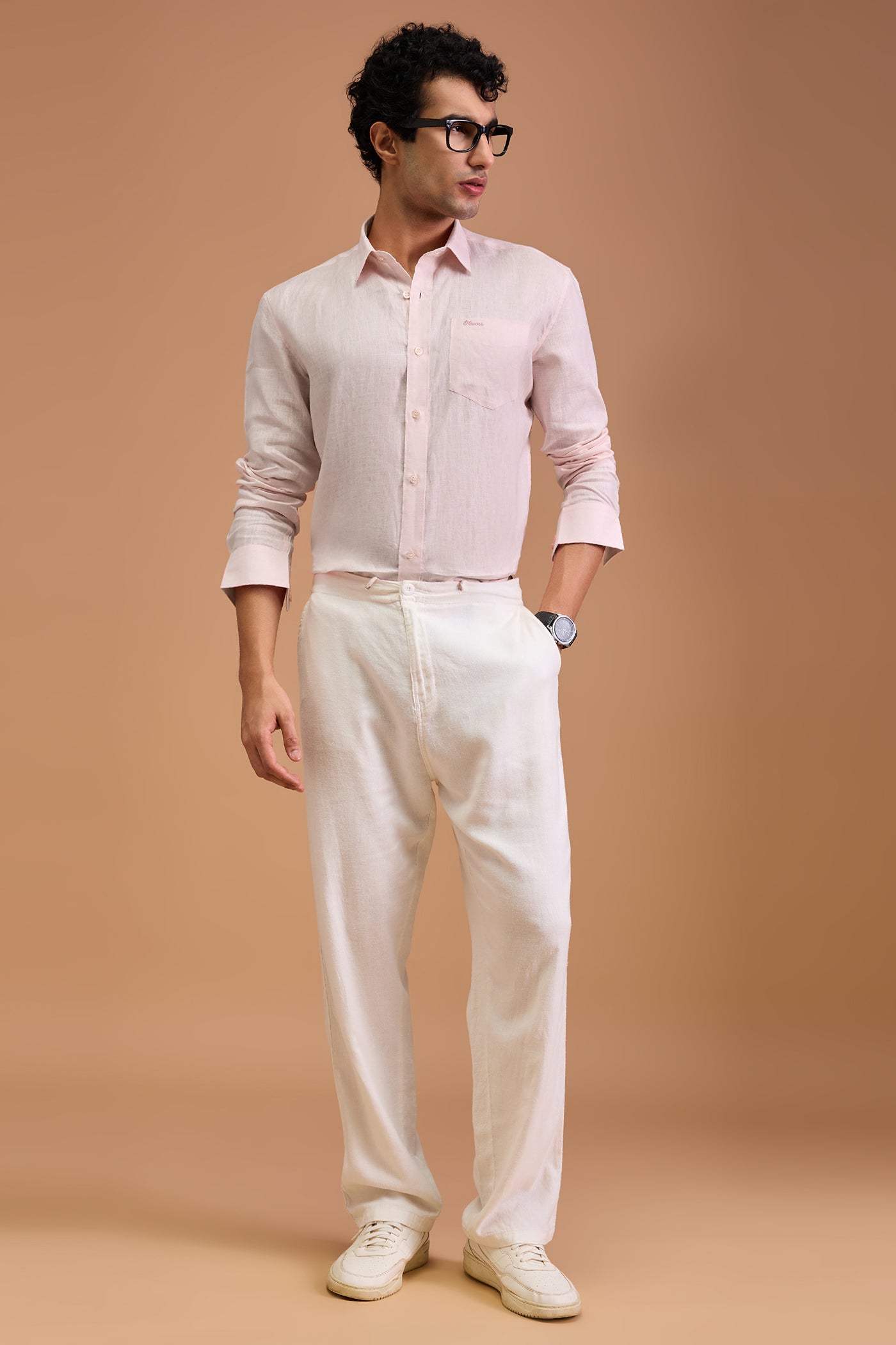 VERO- MENS PREMIUM LINEN PASTEL PINK SOLID REGULAR FIT SHIRT