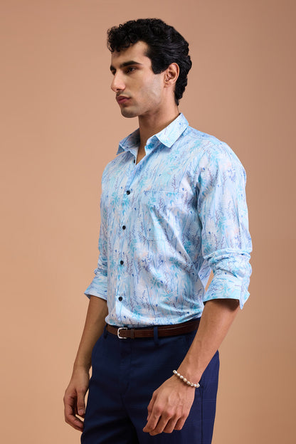 MIST- MENS PREMIUM COTTON BLUE BOTANICAL PRINTED CASUAL SLIM FIT SHIRT