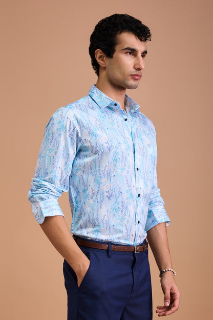 MIST- MENS PREMIUM COTTON BLUE BOTANICAL PRINTED CASUAL SLIM FIT SHIRT