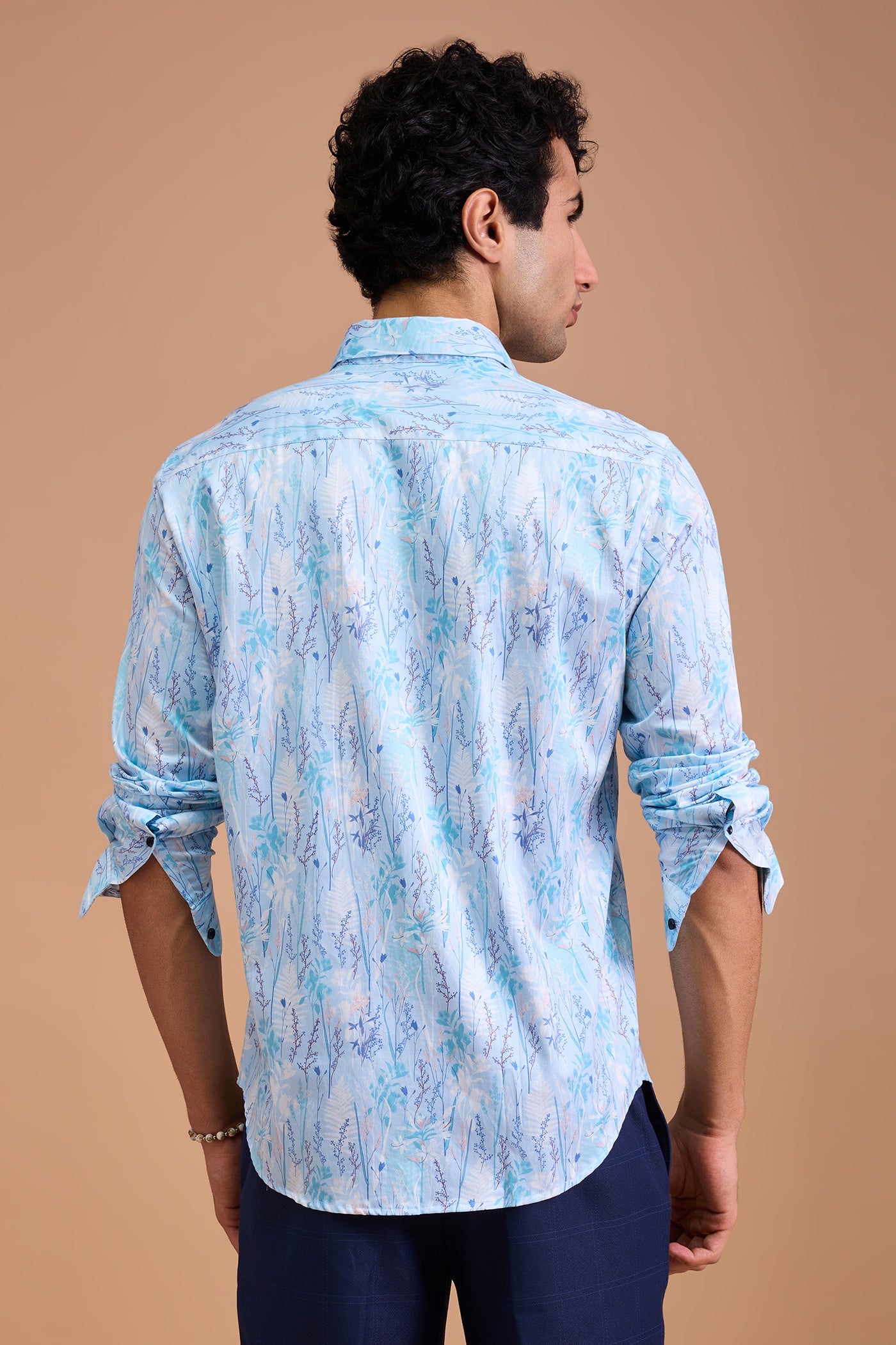 MIST- MENS PREMIUM COTTON BLUE BOTANICAL PRINTED CASUAL SLIM FIT SHIRT