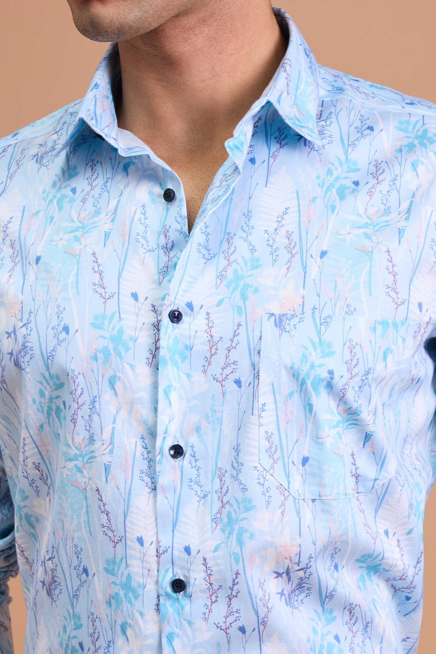 MIST- MENS PREMIUM COTTON BLUE BOTANICAL PRINTED CASUAL SLIM FIT SHIRT