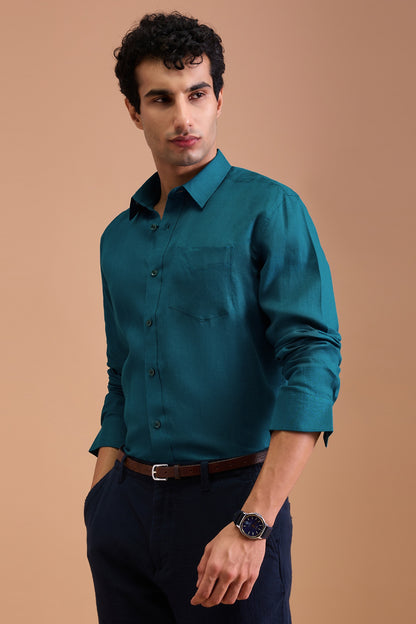 EMORY- MENS PREMIUM 100% LINEN VIBRANT BLUE SOLID REGULAR FIT SHIRT