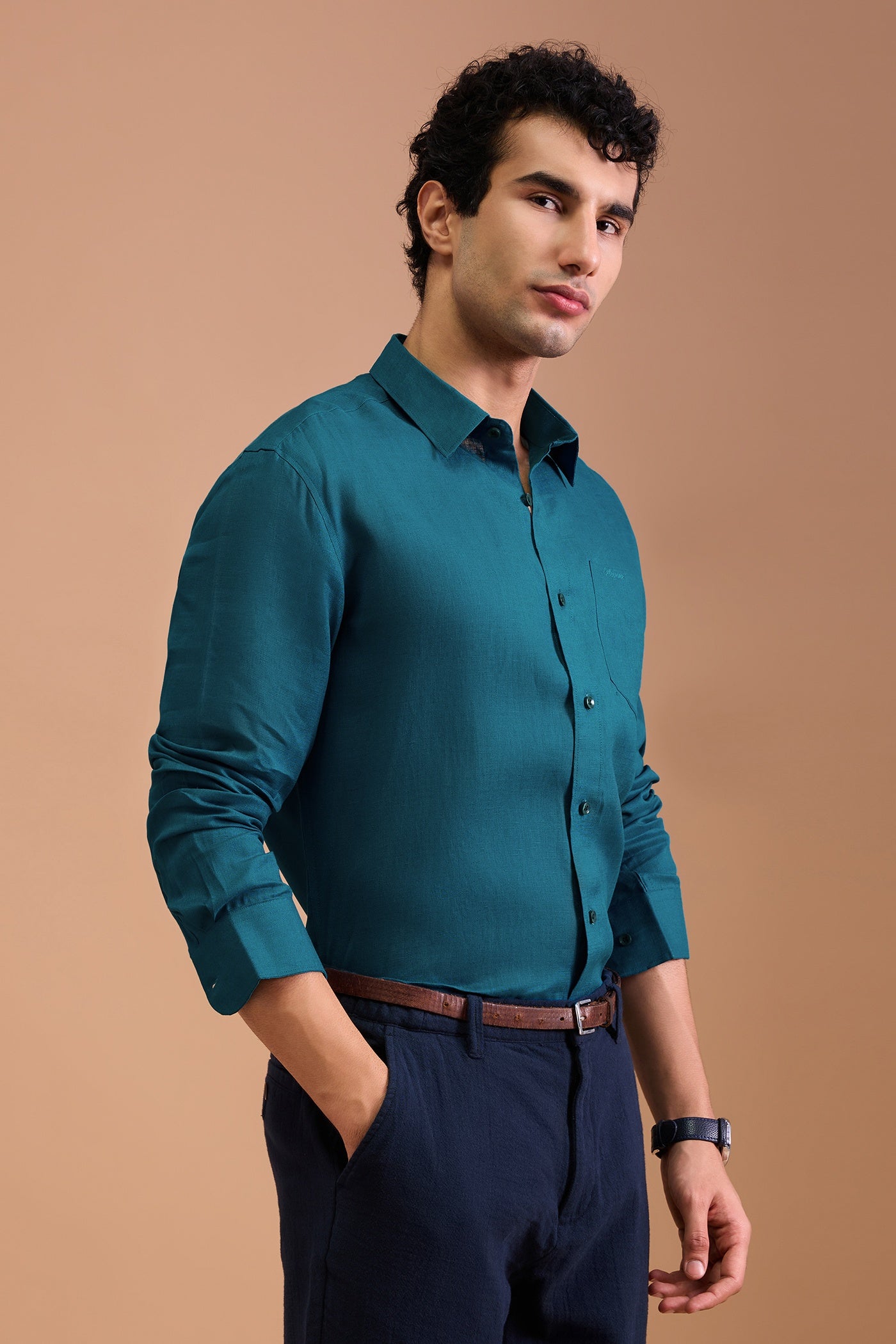 EMORY- MENS PREMIUM 100% LINEN VIBRANT BLUE SOLID REGULAR FIT SHIRT