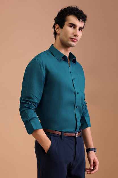 EMORY- MENS PREMIUM 100% LINEN VIBRANT BLUE SOLID REGULAR FIT SHIRT