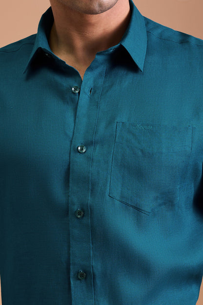 EMORY- MENS PREMIUM 100% LINEN VIBRANT BLUE SOLID REGULAR FIT SHIRT