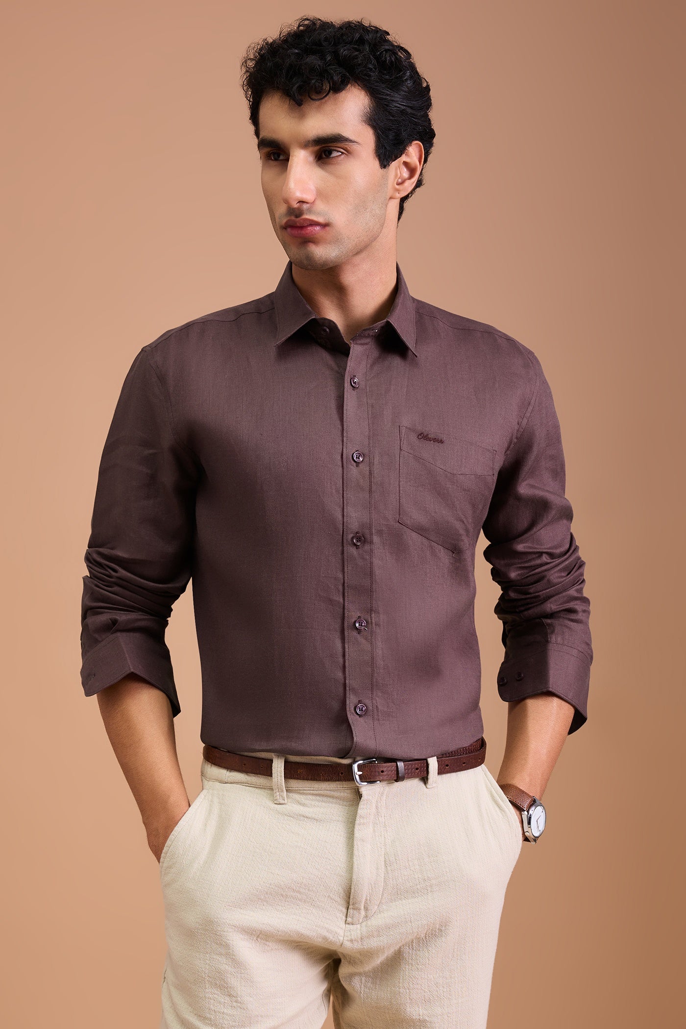 SOMBRE- MENS PREMIUM LINEN BURGANDY SOLID REGULAR FIT SHIRT