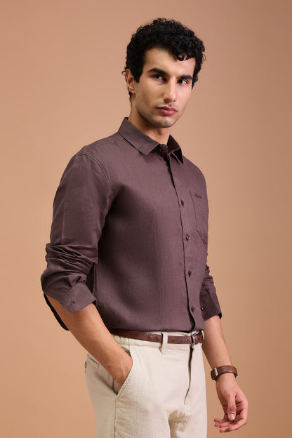 SOMBRE- MENS PREMIUM LINEN BURGANDY SOLID REGULAR FIT SHIRT