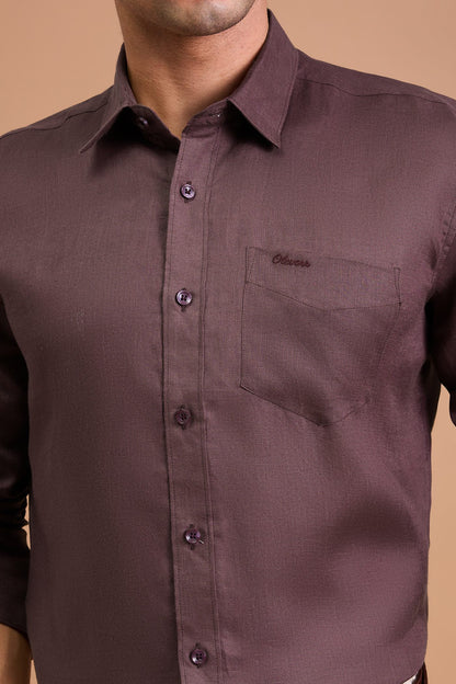 SOMBRE- MENS PREMIUM LINEN BURGANDY SOLID REGULAR FIT SHIRT
