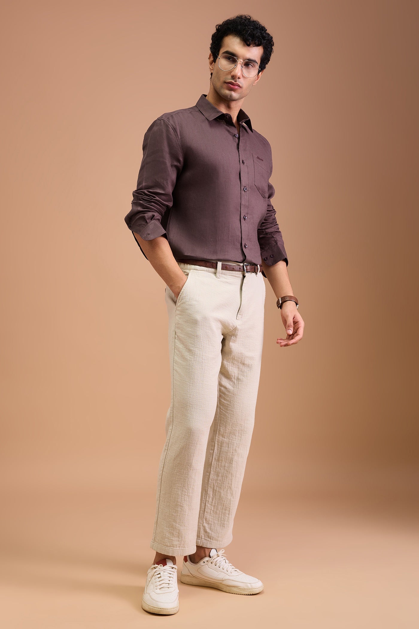 SOMBRE- MENS PREMIUM LINEN BURGANDY SOLID REGULAR FIT SHIRT